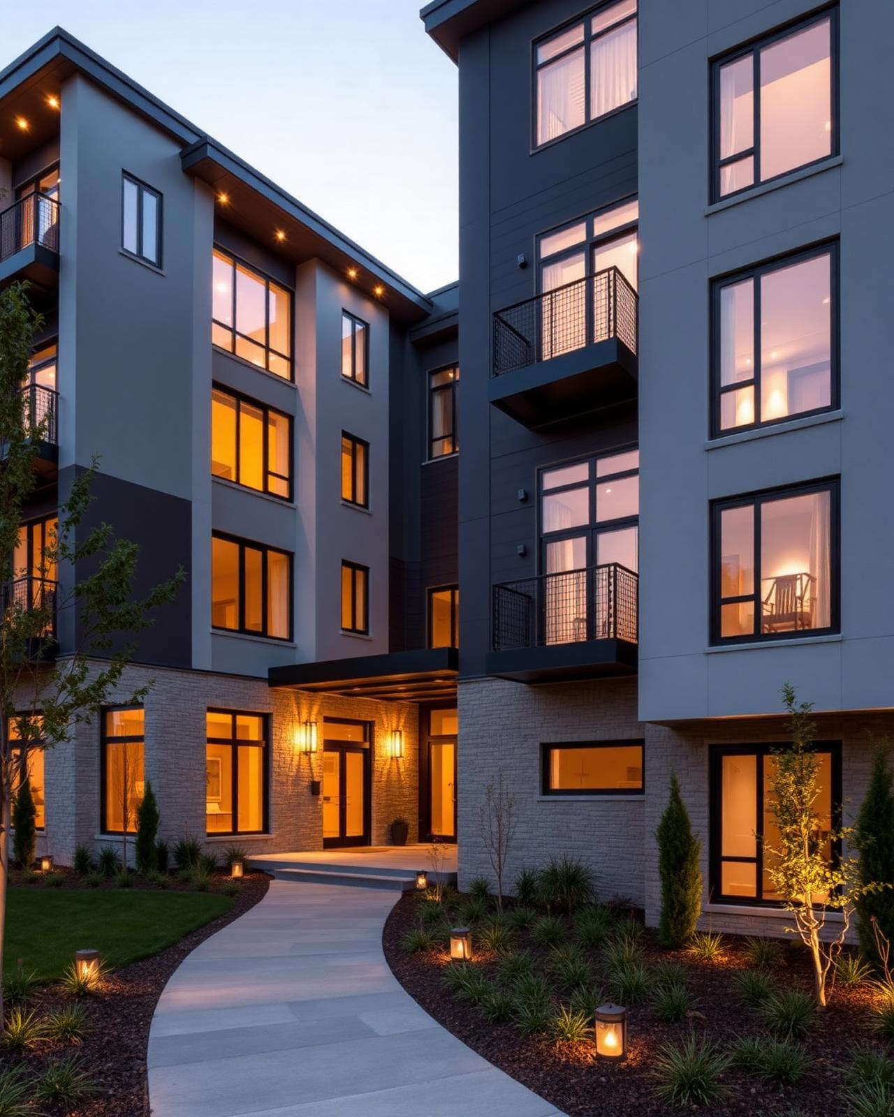 Modern multi-unit investment building at dusk